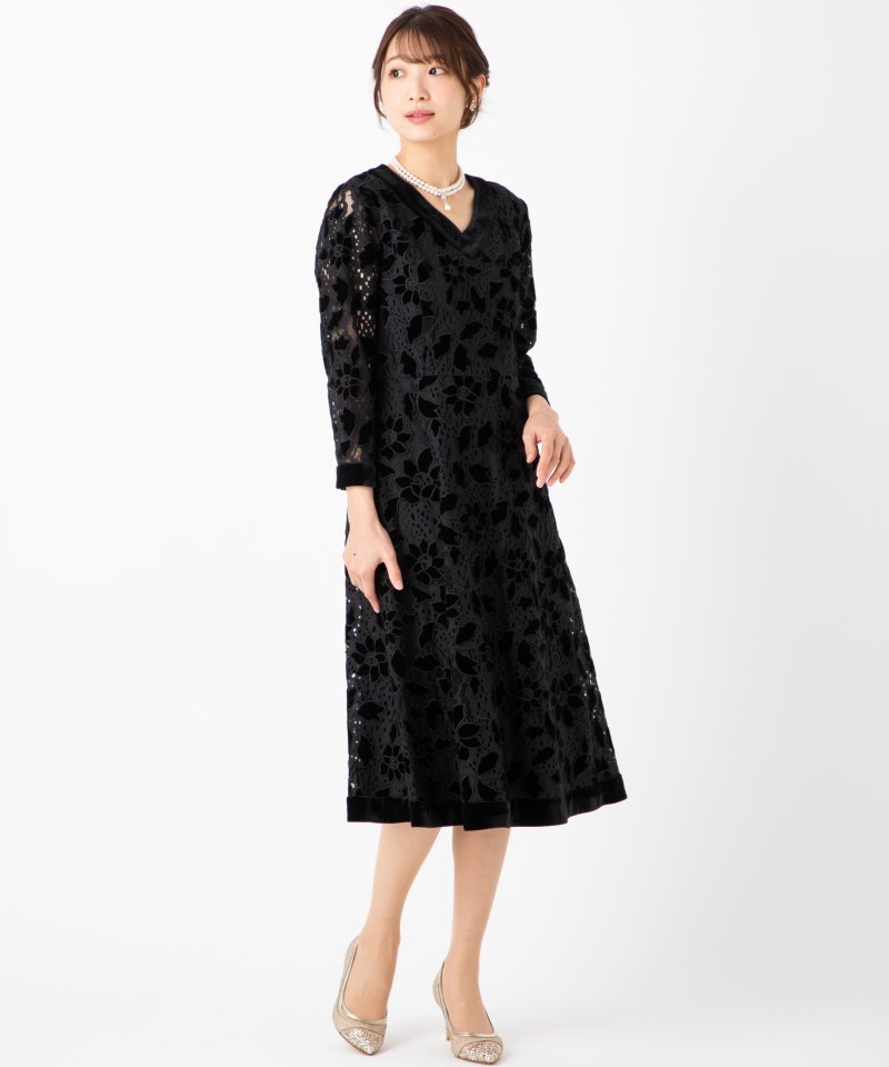 グレースコンチネンタル　ベロア刺繍ドレス　ブラック/S-M