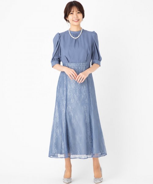 【人気】AIMERエメ　袖付きレースソフトマーメイドドレス　ワンピース　半袖L紺