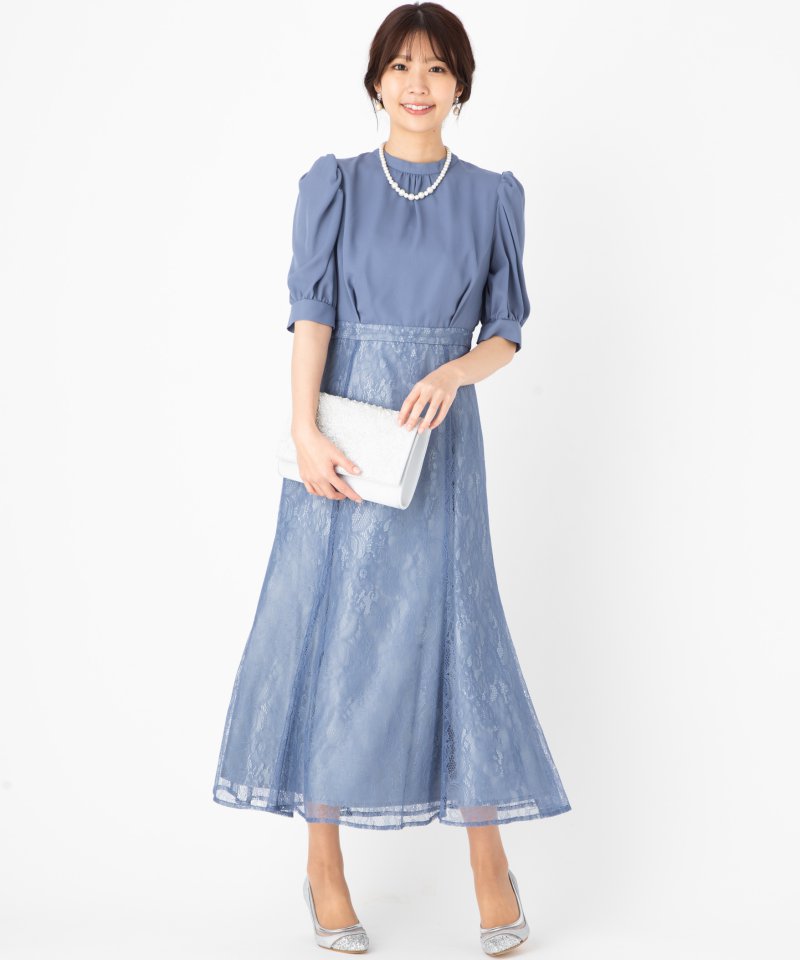 エメ　袖付きレースソフトマーメイドドレス　ブルー/M