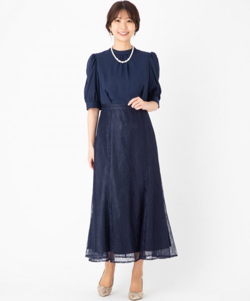【人気】AIMERエメ　袖付きレースソフトマーメイドドレス　ワンピース　半袖L紺