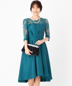 【ドレス2点セット】ジュシュペール　 カシュクール風7分袖ドレス　ブルーグリーン/M