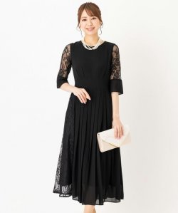 Select Shop  【ドレス2点セット】レース切替プリーツドレス　ブラック/L