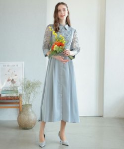 Select Shop  シャツ襟刺繍Aラインドレス　ブルーグレー/M