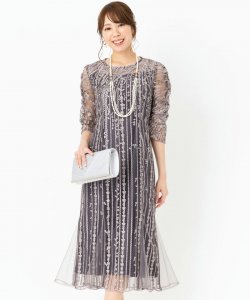 Select Shop  【ドレス3点セット】ストライプ柄刺繍ドレス　チャコール/M