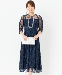 Select Shop  【ドレス2点セット】チュール×総刺繍ギャザースリーブドレス　ネイビー/M
