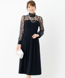 Select Shop  【ドレス2点セット】ハイネック切替レースドレス　ネイビー/M