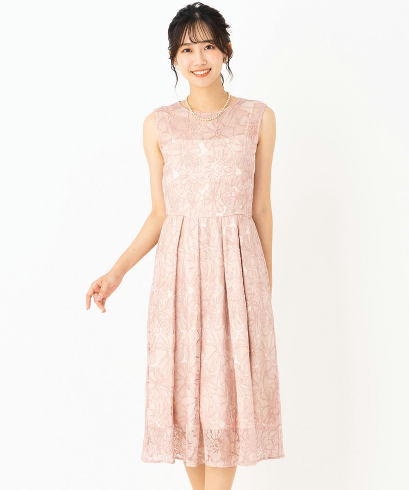 グレースコンチネンタル　マルチフラワー刺繍ドレス　ピンク/S-M