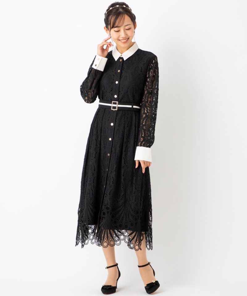 グレースコンチネンタル　レース刺繍ドレス　ブラック/M-L