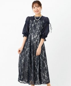 Select Shop  ドロストスリーブフラワーレースドレス　ネイビー/M