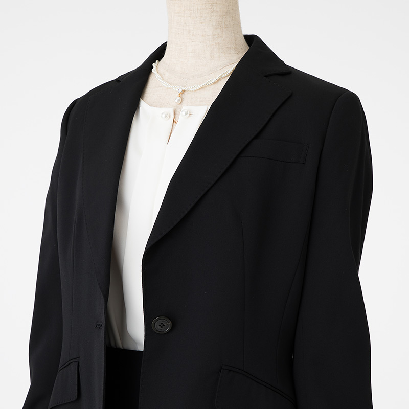 【スーツ3点SET】ジャケット+スカート+ブラウス　ブラック/S