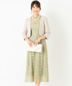 【ドレス3点セット】スタンドカラーパネル刺繍レースドレス　ライトグリーン/M-L