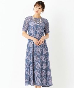 カエン　配色レースギャザードレス　ブルー/S