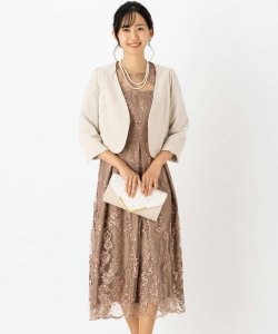 Select Shop  【ドレス3点セット】チュール×総刺繍ギャザースリーブドレス　モカ/LL